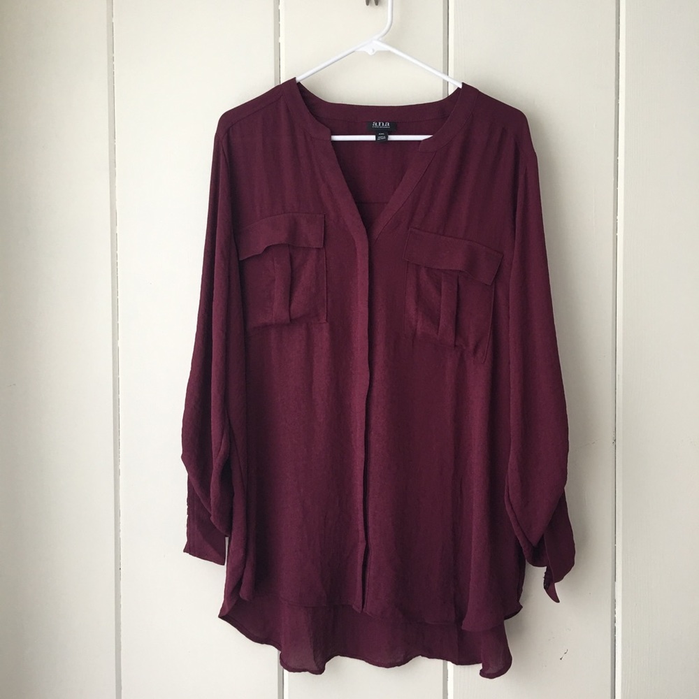 a.n.a. Burgundy tunic blouse roll tab sleeves XXL